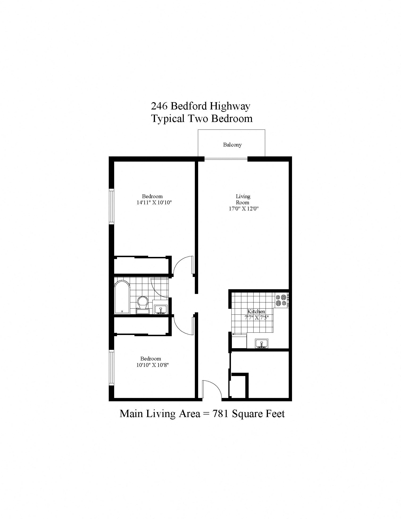 Floor plan for 2 beds, 1 bath, 781 sqft